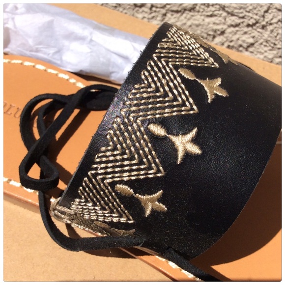 Flat Black Embroidered Sandals w/Wrap Ankle Tassle - Picture 3 of 5